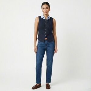 Monteau Navy Blue Linen Blend Button Up Vest Waistcoat Size M